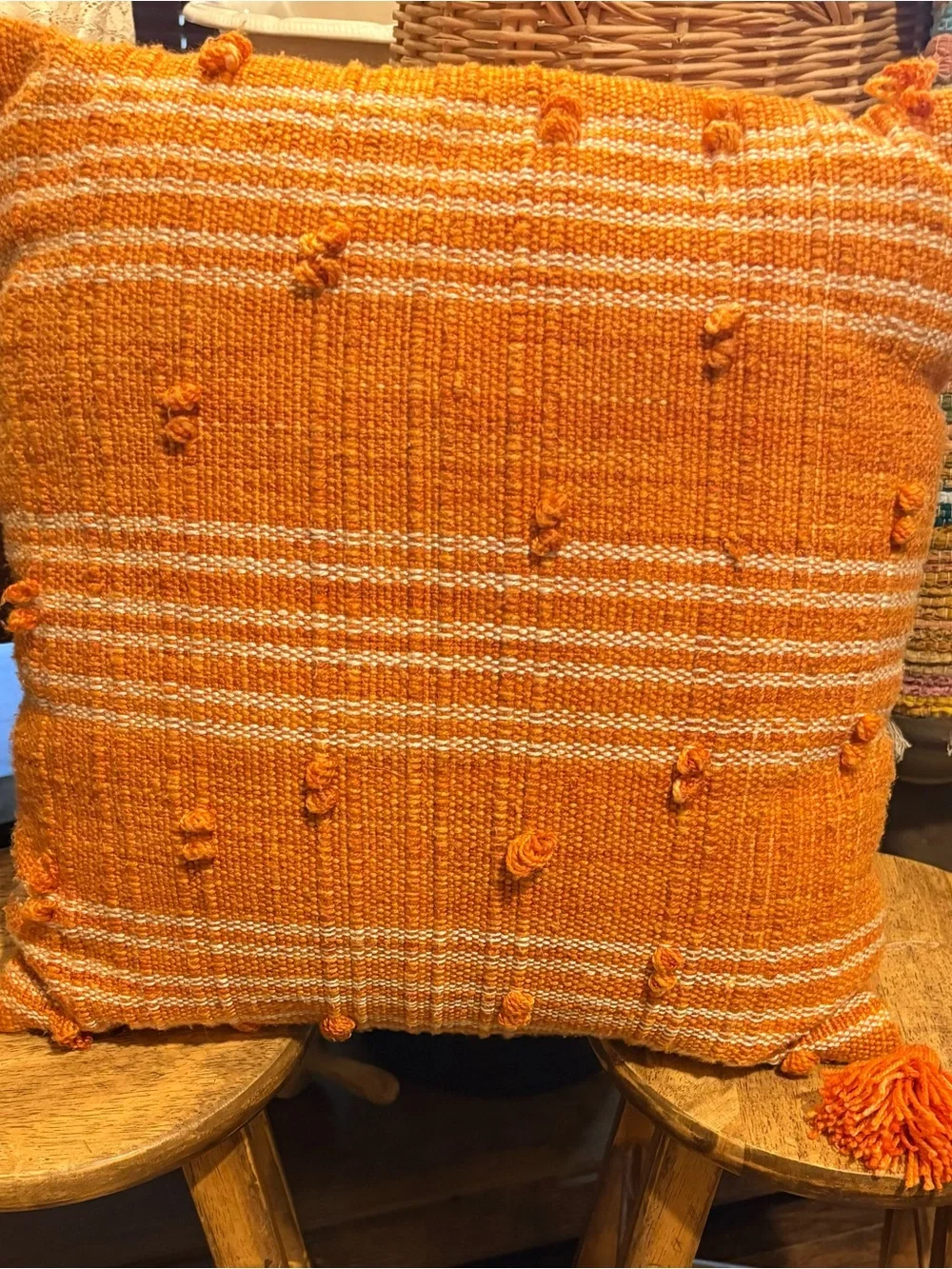Handwoven Orange Tassel Throw Pillow